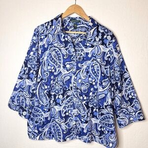 Lauren Ralph Lauren Shirt Womens 2X Blue Paisley Button Long‎ Slv Preppy
